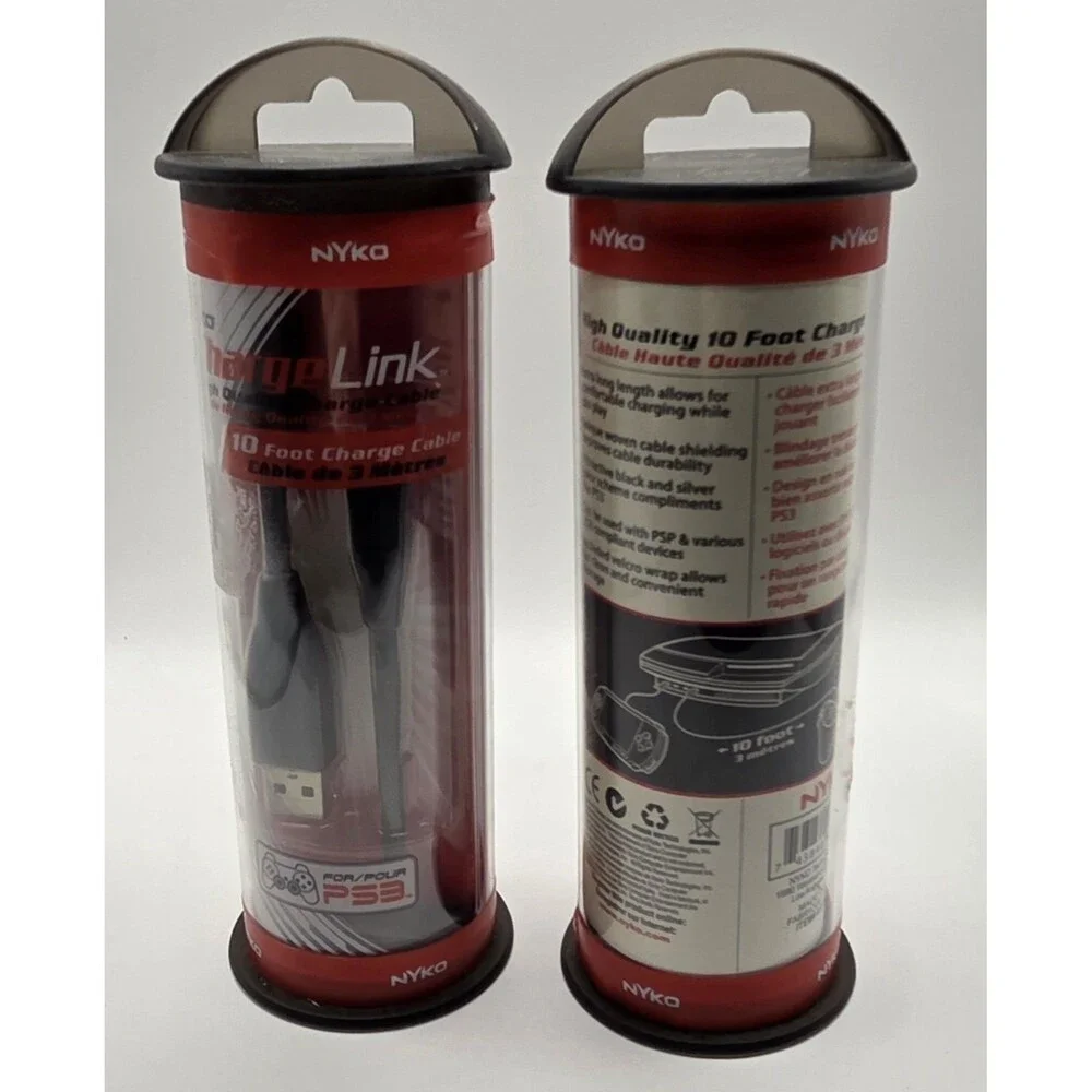 Lot of 2 Near Vtg Nyko Charge Link PS3 Braided Cables 10ft Mini USB Sealed NWT